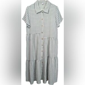 Green and White Gingham Button-Down Dress MIDI  Cottage Core size L